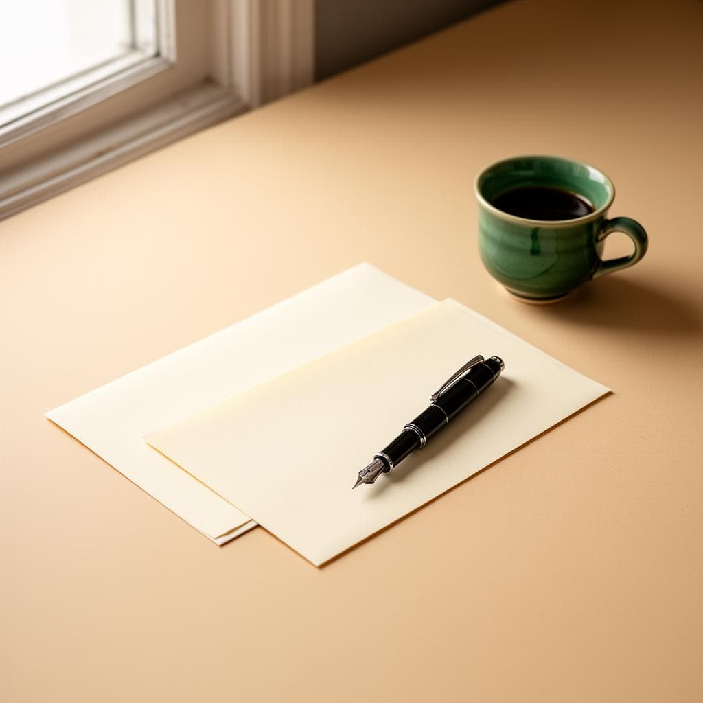 Envelope, fountain pen, and a small green coffee cup in window light
